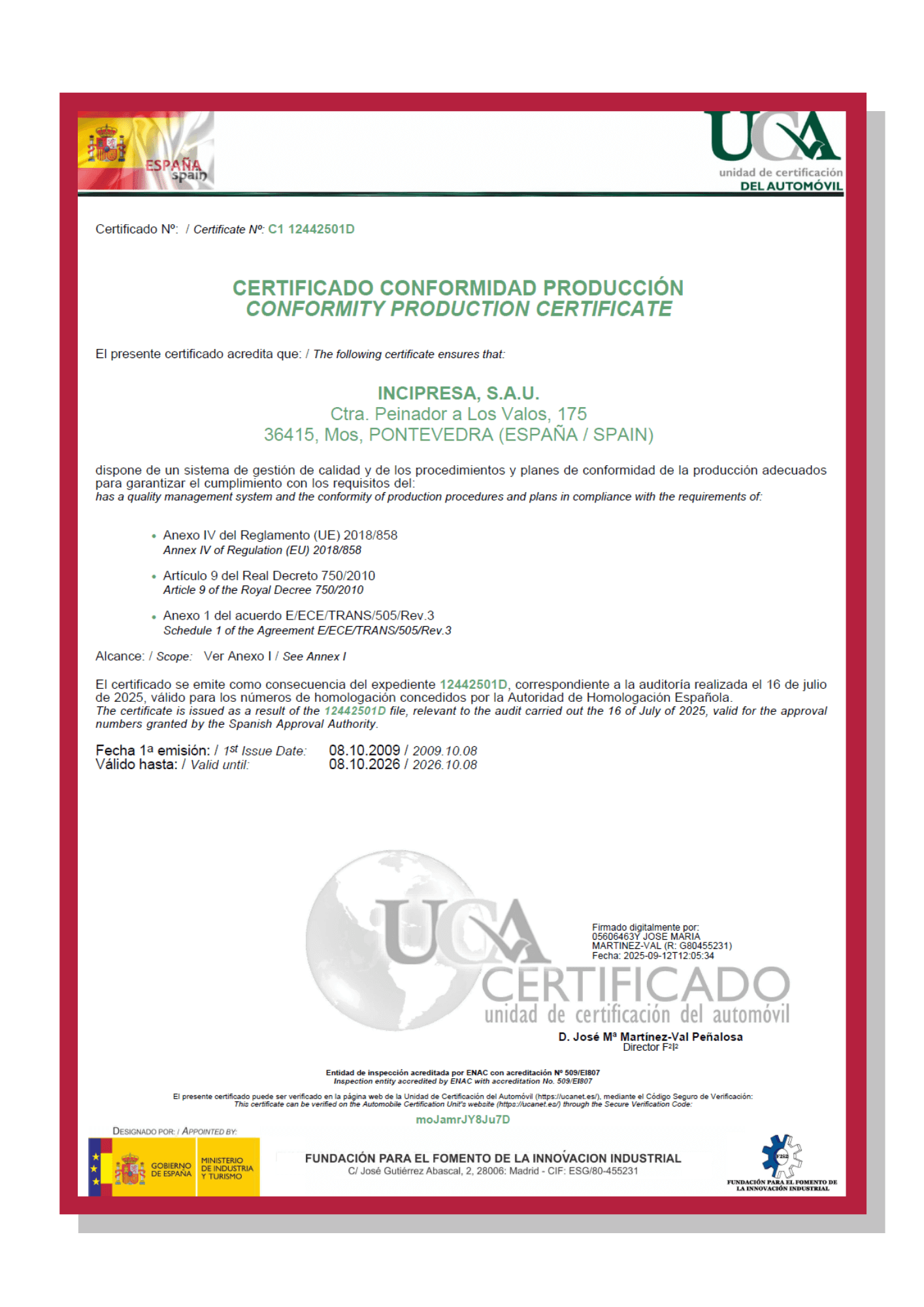 Certificado Conformidad de Producción — Homologación de vehículos (UCA)