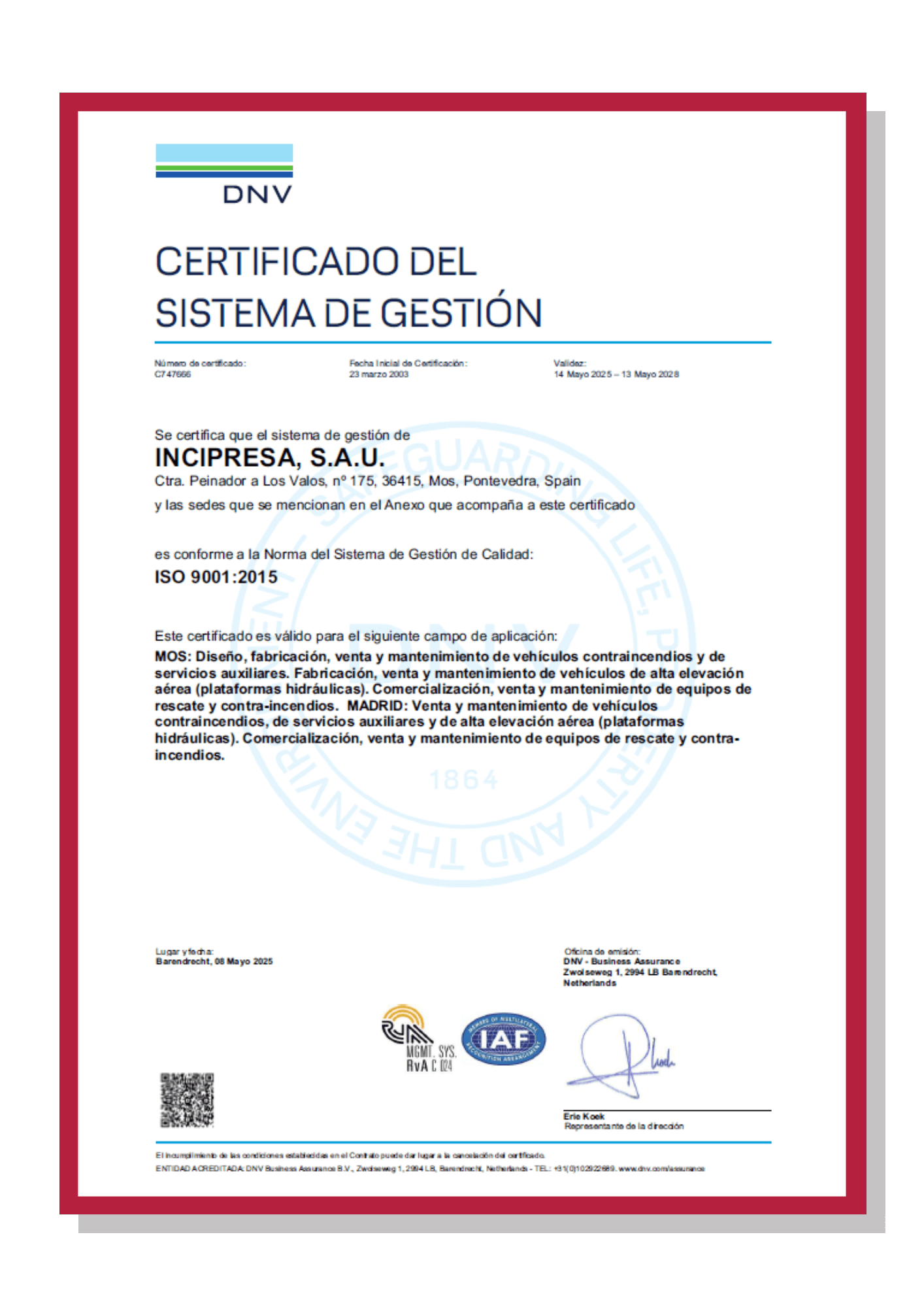 Certificado ISO 9001:2015 — Gestión de la calidad