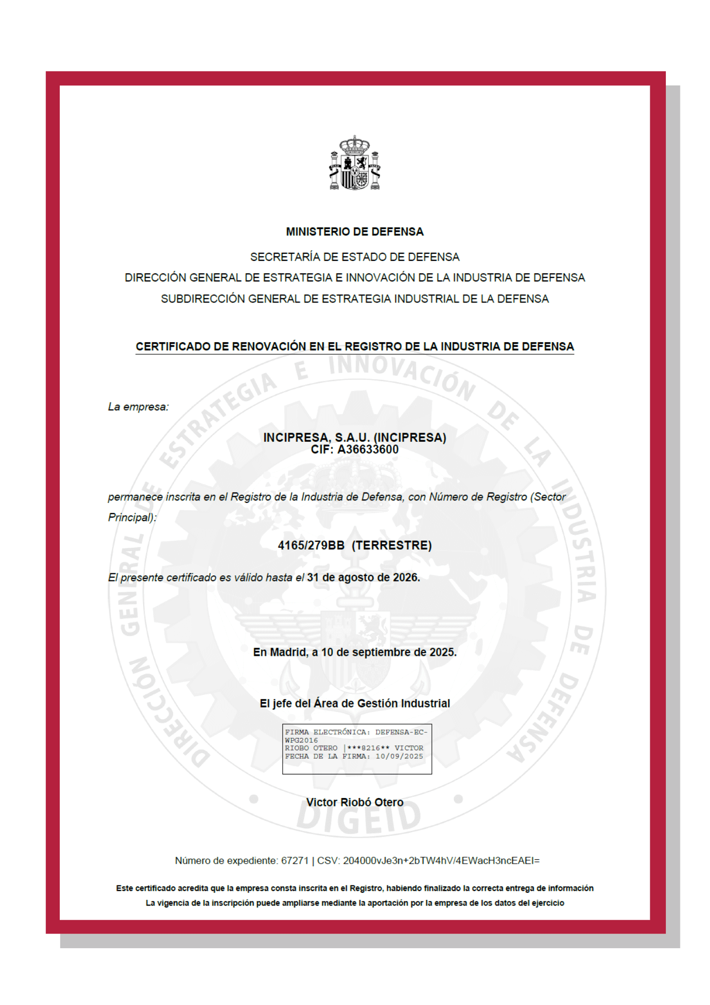 Certificado Registro de Empresas DGAM — Industria de defensa
