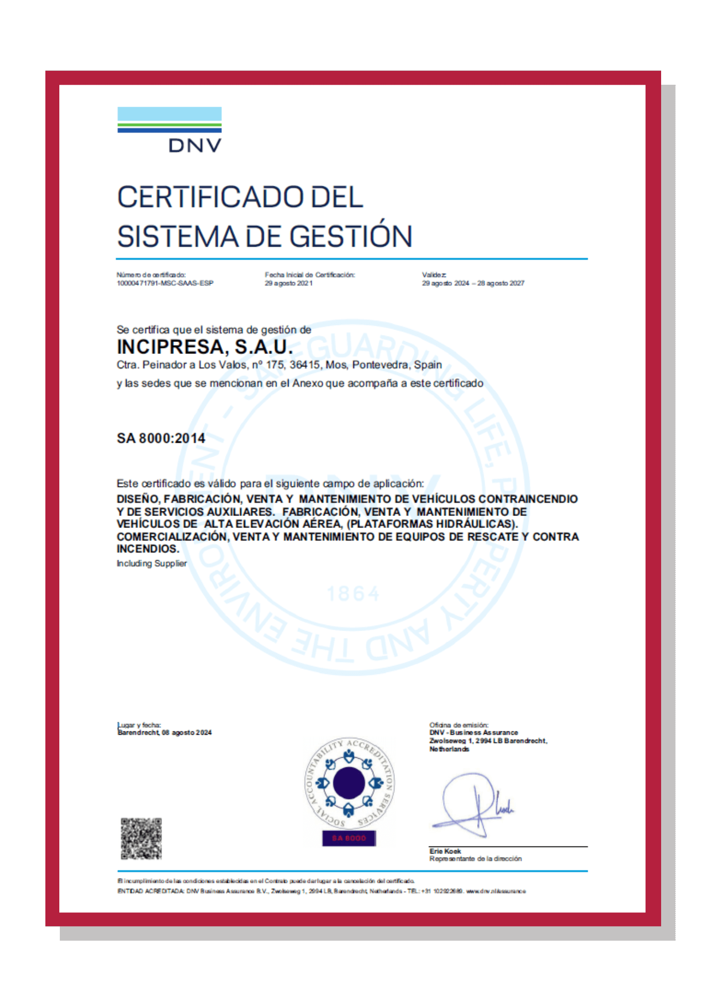 Certificado SA8000:2014 — Responsabilidad social